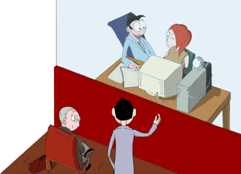 Vignetta che raffigura il prototipo di allestimento per test con utenti: postazione e vetro monodirezionale per l'osservatore