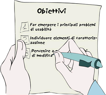 Quali sono gli obiettivi del test? 1, fare emergere i principali problemi di usabilit; 2, individuare elementi di caratterizzazione; 3, determinare l'usabilit di elementi generali (navigazione, nomenclature eccetera) o specifici (menu, singole voci, mappe eccetera) di un progetto